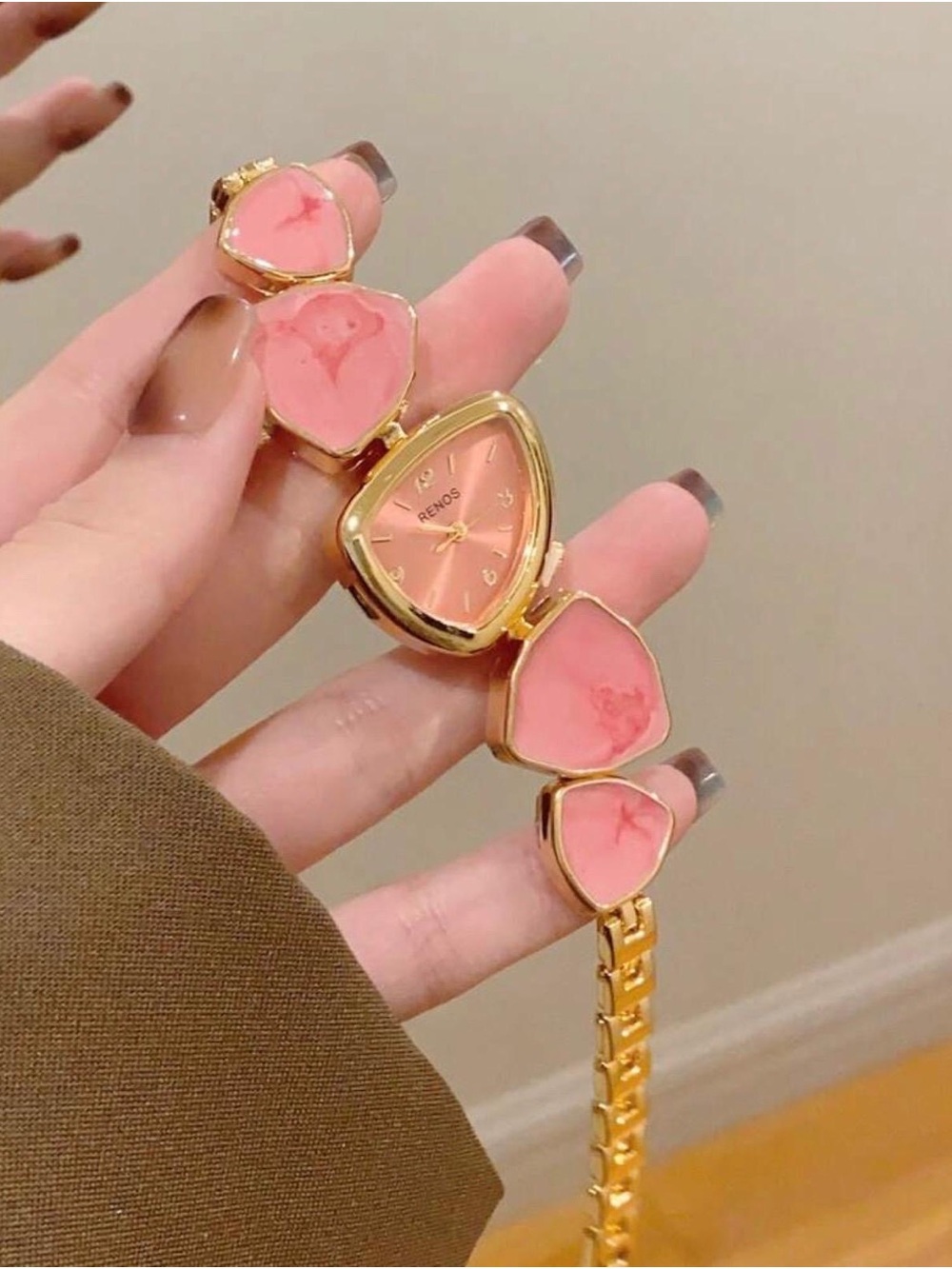 Gold Bracelet Watch with Pink Heart Accents